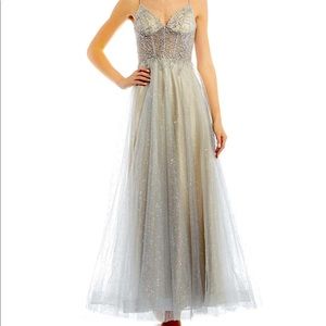 Spaghetti-Strap Two-Tone Beaded Bodice Glitter Chiffon Ball Gown -Silver